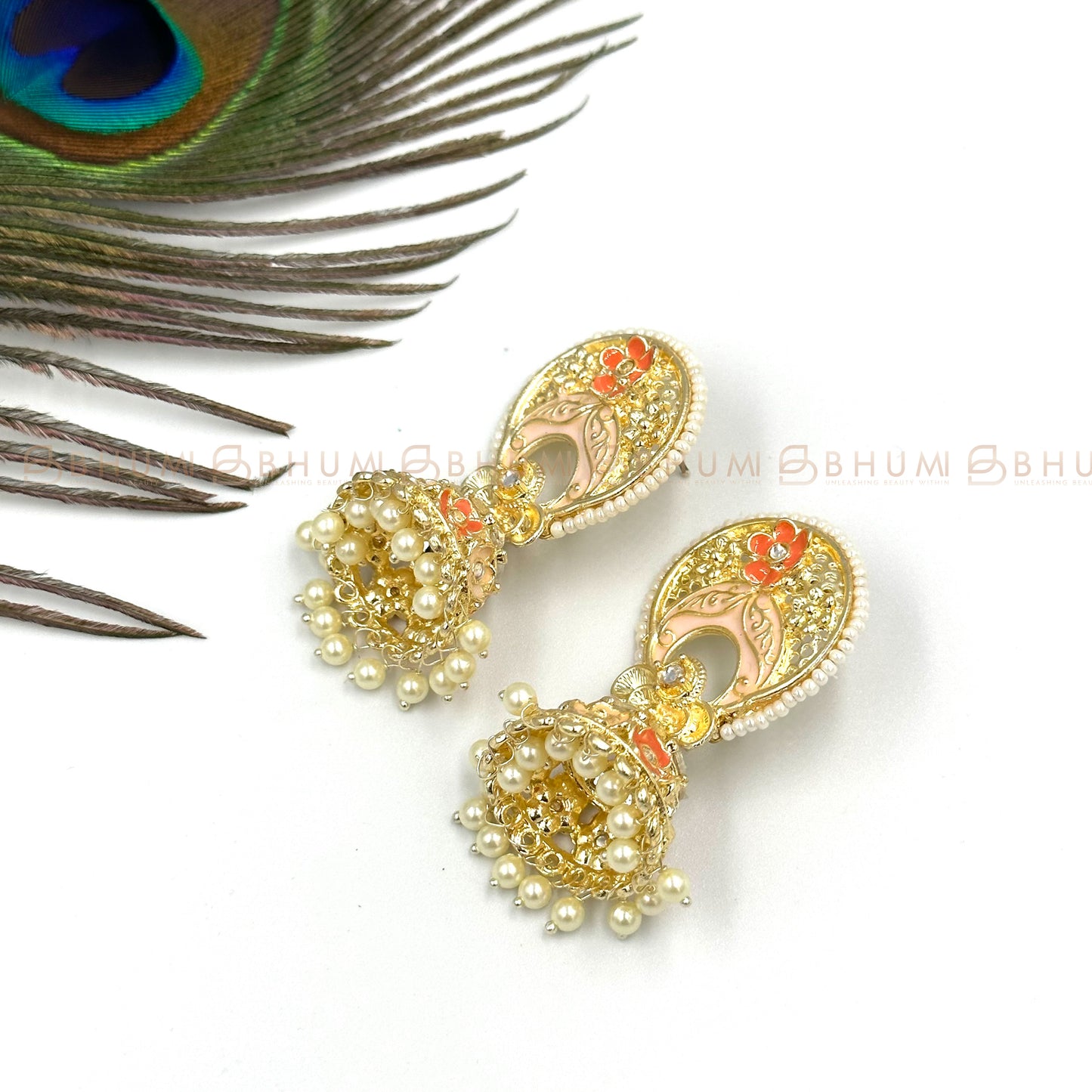 Festive #BKE29 Beautiful Gold Plated Handcrafted Orange Enamel Statement Jhumka Earring