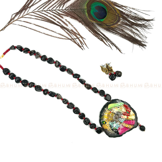 Traditional jewellery #BHTP052 Hand Painted Krishna & Radha Agate Pendant With Onyx Beads Necklace Set(Premium Collections)