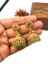 Gold tone green & pink floral designer jhumka J377