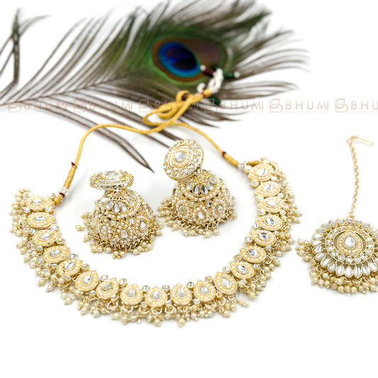 Festive #BKN38 Beautiful Kundan Style Pearl Necklace with Maangtikka