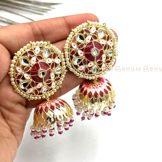 Festive #BKE30 Beautiful Gold Plated Handcrafted Red Enamel Statement Jhumka Earring