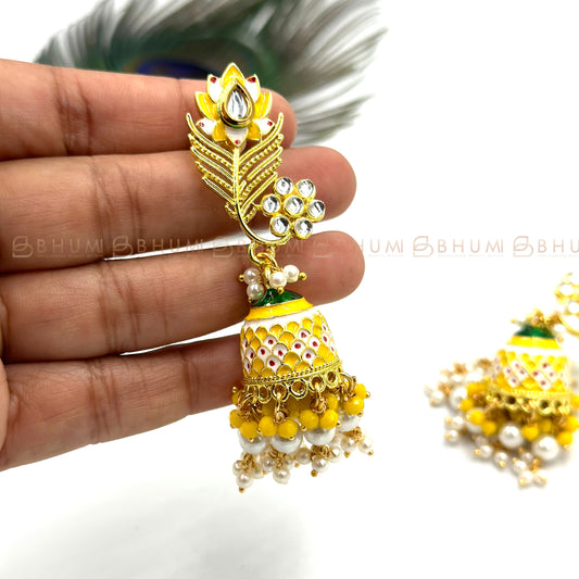 Festive #BKE25 Beautiful Gold Plated Handcrafted Yellow Enamel Statement Jhumka Earring