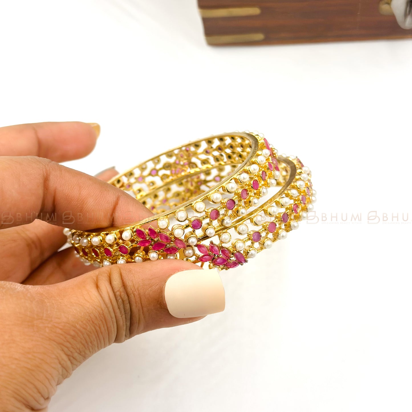 Accessories #BHTB101 Matte Finish Pearl & Pink Stone Bangle Set